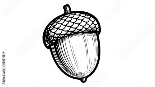 Detailed black and white illustration of a single acorn with intricate textures and natural form