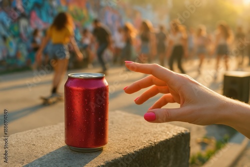A hand reaches for a cold beverage can on a warm evening as people skate and socialize in the background, capturing a lively street-culture moment filled with color, motion, and summer energy.
