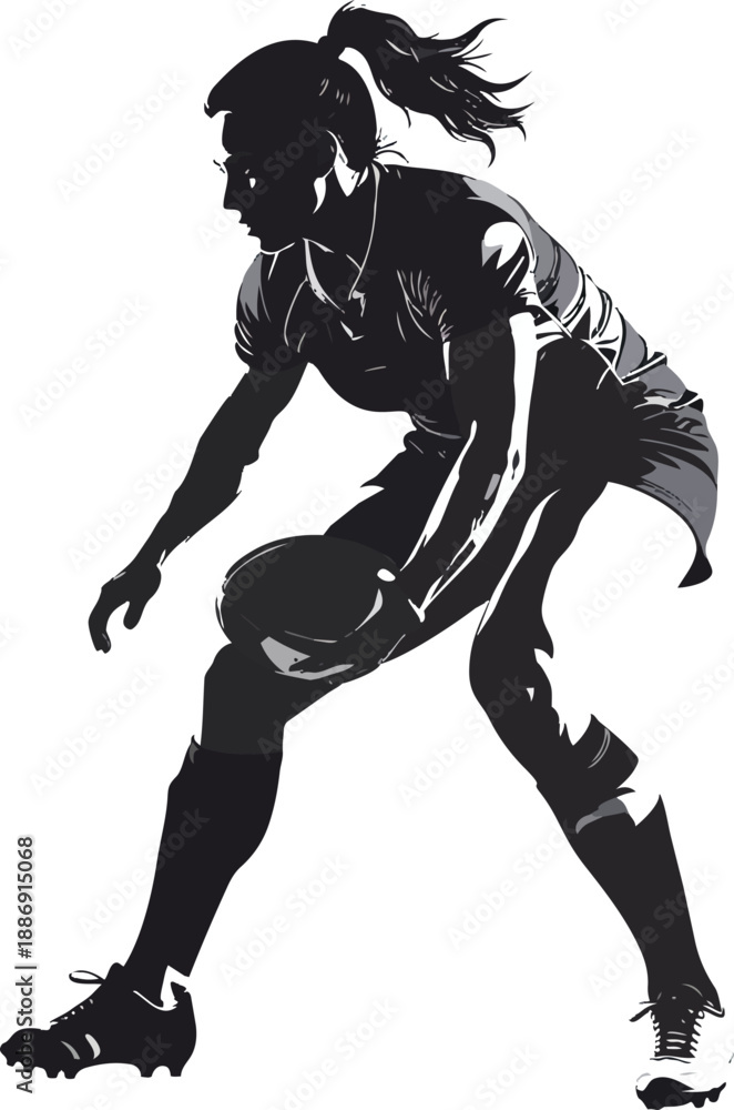 Naklejka premium Black and White Rugby Player Silhouette in Dynamic Random Pose