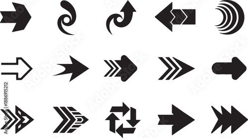 Set of various curved and straight directional arrows in different styles