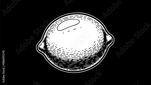 High-contrast black and white illustration of a lemon with a solid black background