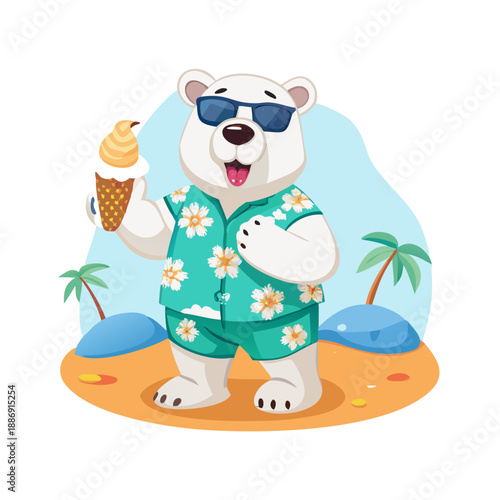 A polar bear wearing a Hawaiian shirt and sunglasses, holding an ice cream cone on a tropical beach, humorous cartoon style.