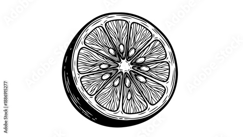 High-contrast black and white illustration of a citrus fruit slice with botanical details