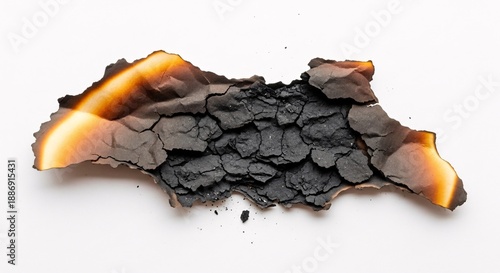 Burnt paper fragment on white background showing damage and texture