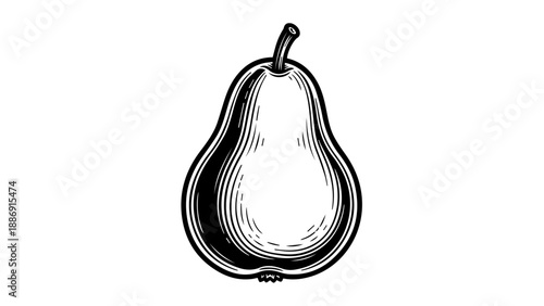 Black and white illustration of a pear with intricate line art details