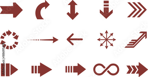 Set of various red navigation and direction icons isolated on transparent background