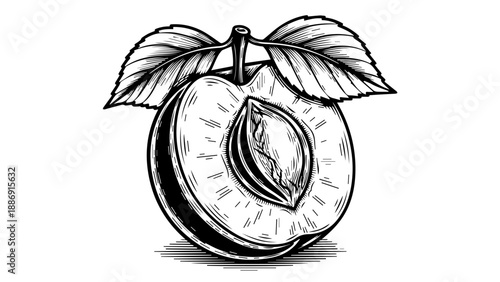 Black and white illustration of a peach with leaves on a minimalist background