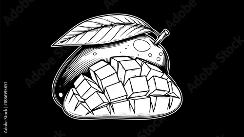 Black and white illustration of a durian fruit with a leaf on a solid background