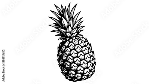 High-contrast black-and-white illustration of a single pineapple with detailed scales and leaves