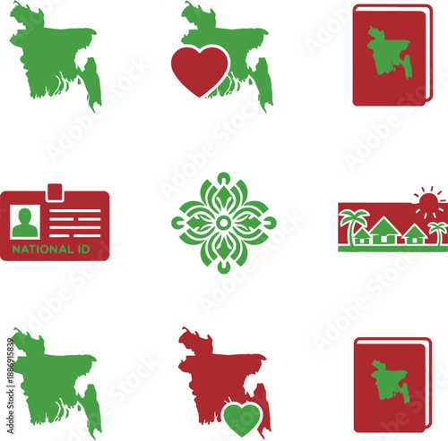 Bangladesh National Symbols Icon Set: Map, Flag, and Patriotic Heritage Icons