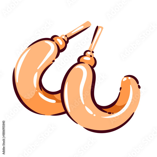 Gold hoop earrings jewelry. Thick curved metal hoops with smooth glossy surface, rounded shape, clean silhouette. Classic fashion earrings accent, modern cartoon vector illustration.