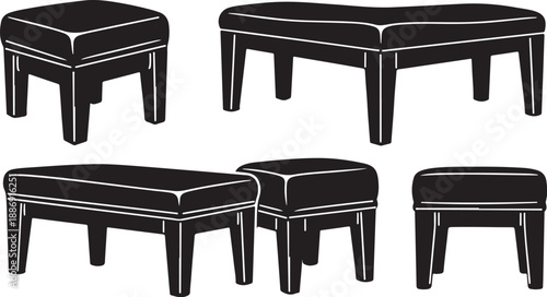 Collection of black ottomans in different shapes and sizes