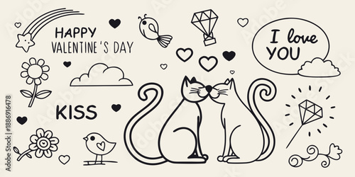 Hand drawn Valentine's Day doodle set with kissing cats and hearts