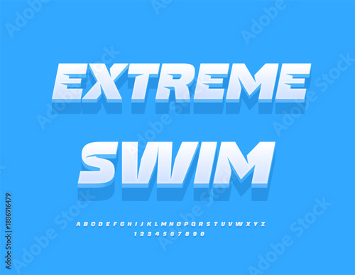 Vector Sporty emblem Extreme Swim. Dynamic White Font. Modern set of Alphabet Letters and Numbers