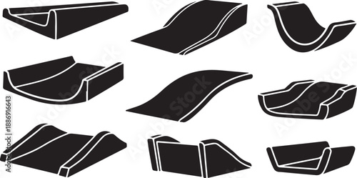 Set of black and white skateboard ramp illustrations