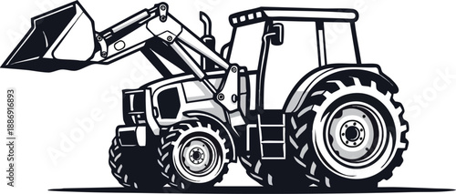 High-quality black and white illustration of a heavy-duty tractor with an articulated front loader, perfect for agricultural and construction-themed projects and marketing materials.