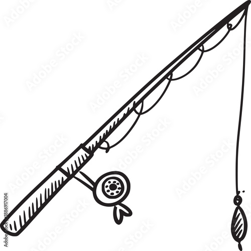 A simple line drawing of a fishing rod with reel and line against a plain white background space