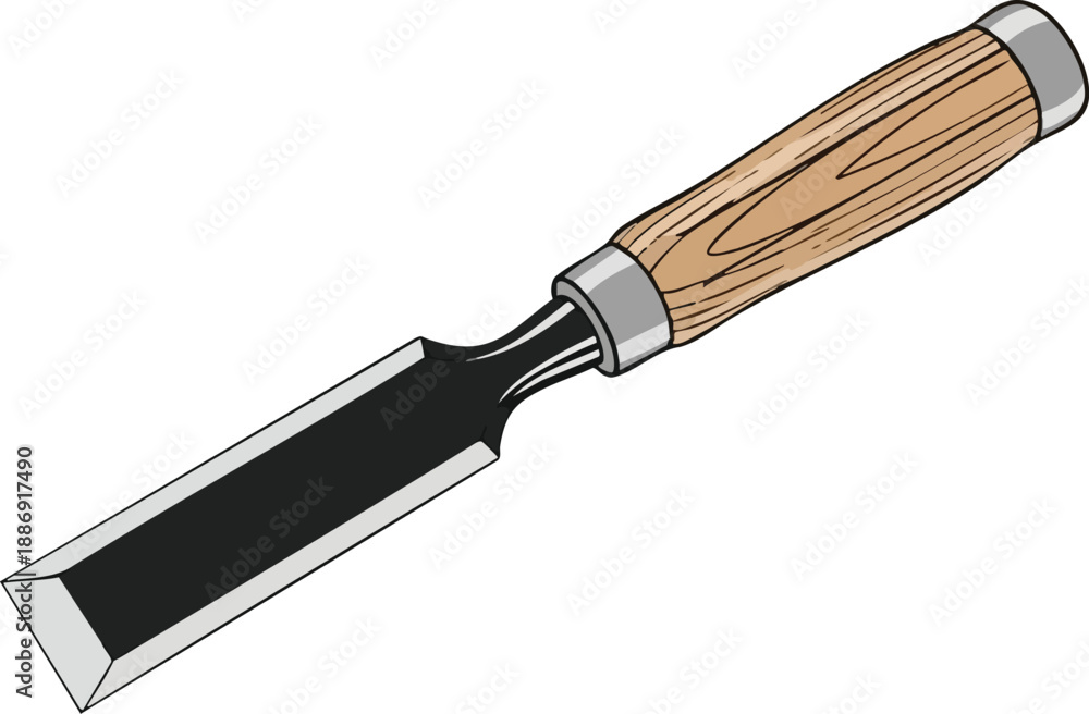 Fototapeta premium High-quality wooden handled chisel tool designed for precision woodworking, featuring a sharp black blade ideal for fine detailing and craftsmanship in various projects.