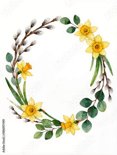 Wallpaper Mural Circular wreath of yellow daffodils and pussy willows with green leaves. Spring floral arrangement symbolizing renewal and growth. Watercolor illustration for easter decorations seasonal greetings Torontodigital.ca
