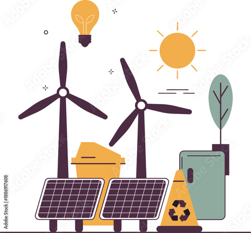 Renewable Energy and Recycling System with Solar Panels and Wind Turbines Flat Vector Illustration