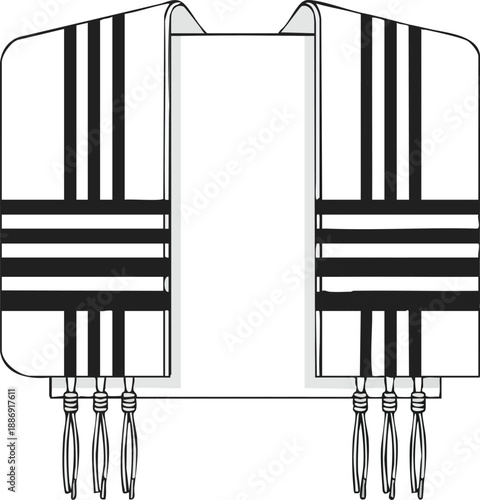 Elegant black and white tallit design with stripes and fringes, perfect for religious ceremonies and cultural expressions.