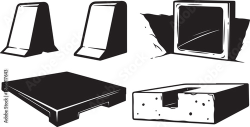 Black and white illustration of various book stands displayed