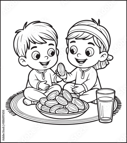 Kids sharing dates for Ramadan iftar coloring page, Black line art illustration