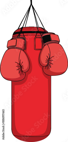 A vibrant red punching bag with matching boxing gloves hanging, perfect for fitness enthusiasts looking to enhance their training sessions and improve their boxing skills at home or in the gym.