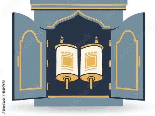 Elegant illustration of a Torah scroll displayed in an ornate blue cabinet with golden accents, perfect for religious and cultural representation.