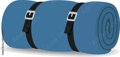 Blue rolled camping blankets with black straps, ideal for outdoor adventures,travel, or picnics in various settings.