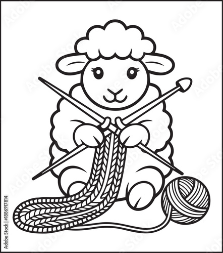 Cute knitting sheep with yarn ball black line art coloring page vector illustration