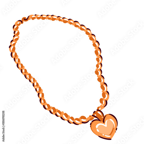 Gold heart necklace jewelry with linked chain and heart pendant. Smooth rounded links, glossy metal surface, romantic accessory design, decorative charm detail. Cartoon vector illustration.