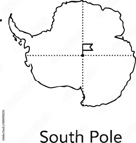 Illustration of the South Pole with a flag marking the location on a simple outline map of Antarctica for educational use.