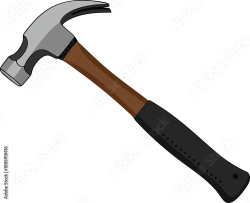 Professional Illustration of a Classic Hammer with a Wooden Handle and Black Rubber Grip for Tool and Construction Projects