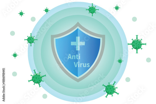 Virus protection concept, security shield for virus protection, vector shield on white background.