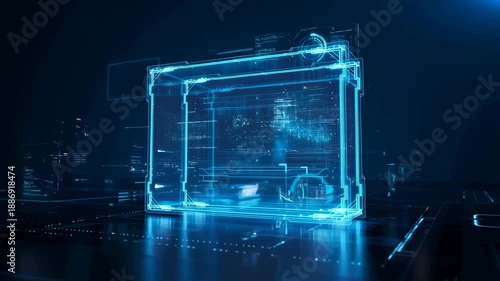Futuristic holographic interface displaying data and information in a digital environment. Represents advanced technology and innovation in data visualization