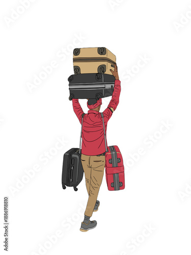 An Indian Porter Carrying Multiple Suitcases