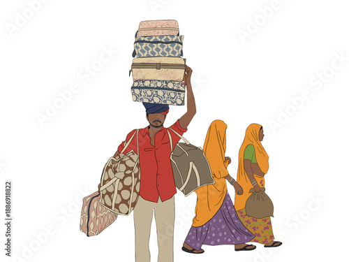 Porter Carrying Heavy Luggage, Traditional Travel Scene