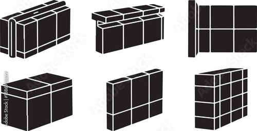 Black boxes in various orientations on white background