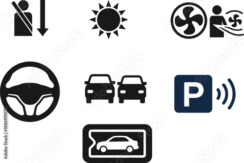 Black line icons representing automotive features like seatbelt, climate control, parking assist, and rearview camera