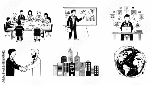 Business meeting presentation handshake city and global network illustrations.