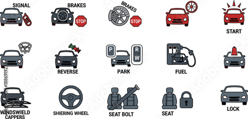 Grid of labeled car icons showing vehicle functions like brakes, fuel, seatbelt, steering, and parking for UI design