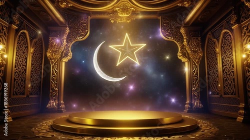 Wallpaper Mural A luxurious, golden stage with a crescent moon and star on a dark background, set in an ornate, Middle Eastern-inspired interior, ideal for Ramadan or Islamic celebrations Torontodigital.ca