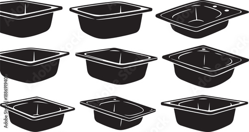 Black plastic food containers on white background illustration set