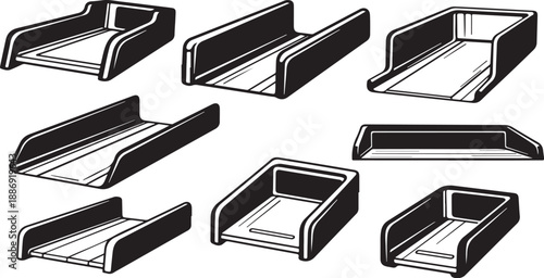 Collection of empty black and white shelves and ledges