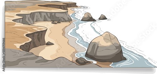 Aerial view of a tranquil coastal landscape featuring sandy beaches, rugged cliffs, and gentle waves crashing against large rocks in a harmonious natural setting.