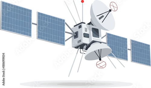 High-tech satellite with solar panels and communication dishes orbiting in space, showcasing advanced technology and modern design for digital and commercial use.