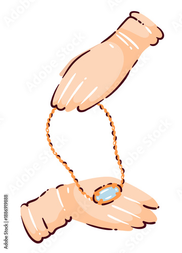 Gold bracelet jewelry shown on female hands. Linked chain with oval gemstone, glossy metal surface, delicate wrist accessory, elegant fashion detail. Cartoon vector illustration.