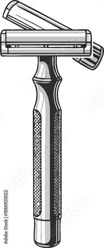 Professional close-up of a stainless steel safety razor with a delicate design, showcasing a shiny blade and textured grip for an effective and durable shaving experience.