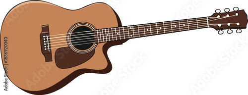 High-quality acoustic guitar illustration showcasing a natural wood finish with six strings, perfect for music-related designs and projects requiring versatile musical assets.